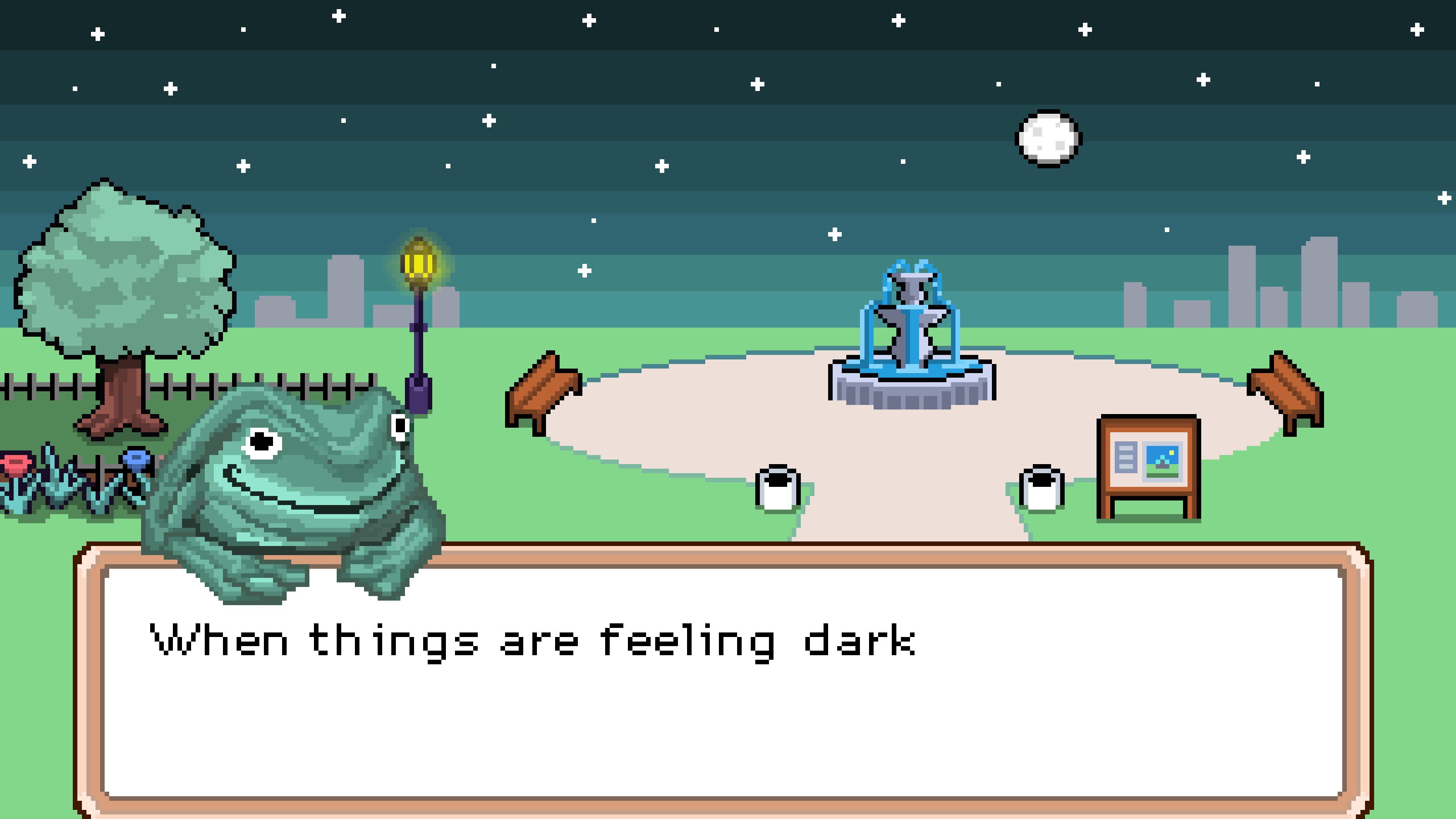 Pixel frog animation with the words when things are feeling dark