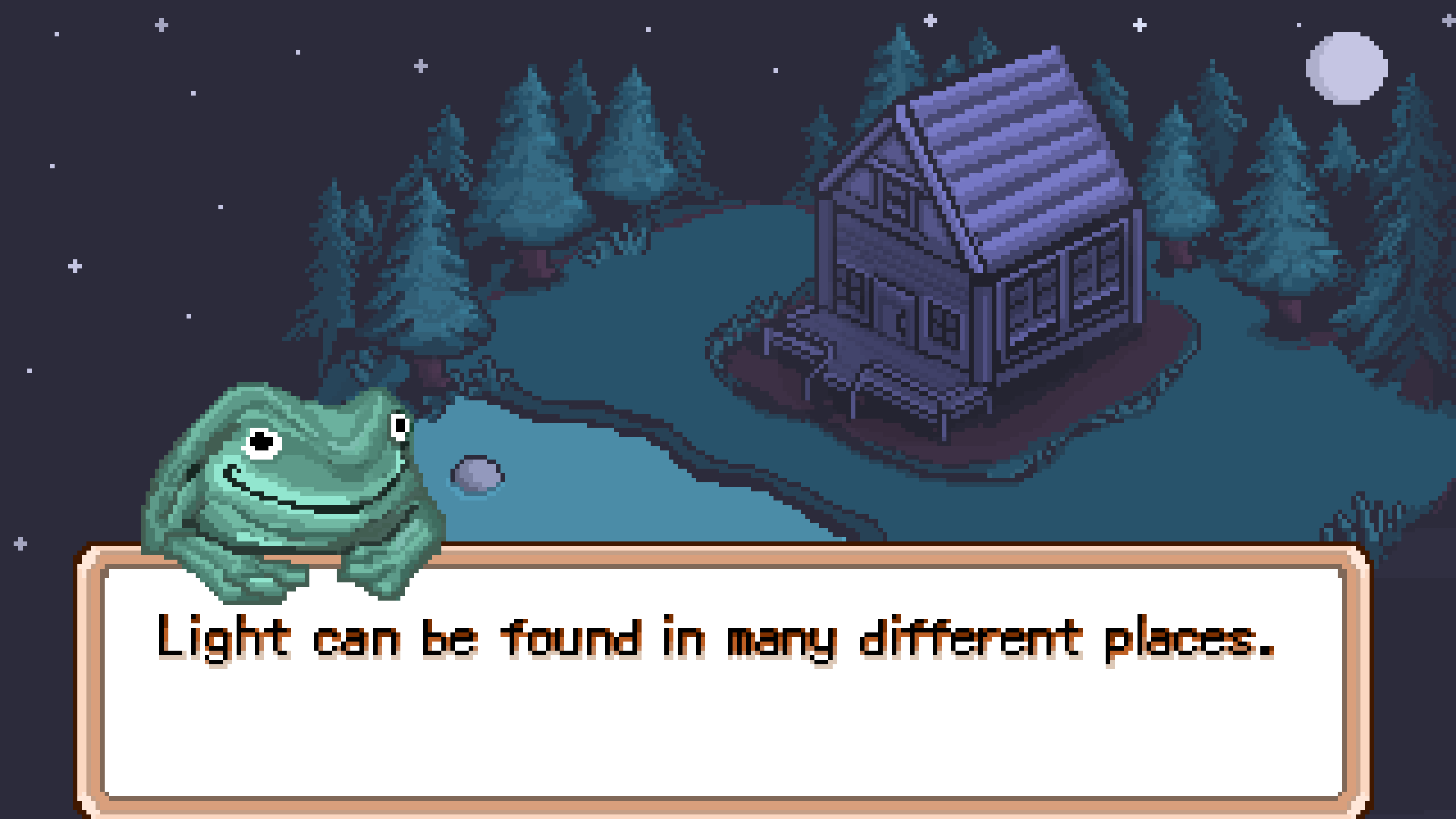Pixel frog animation with the words light can be found in many different places