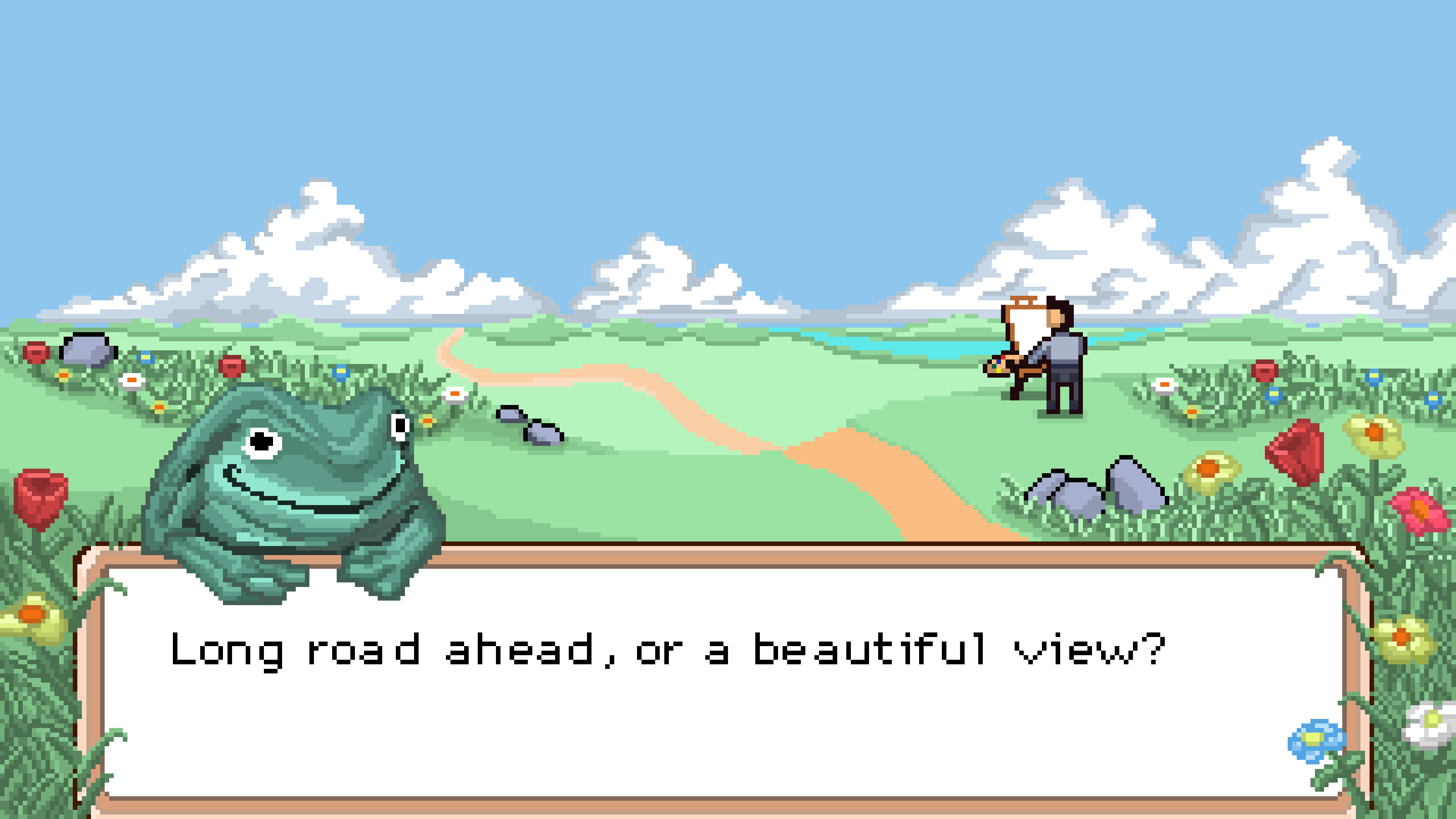 Pixel frog animation with the words long road ahead, or a beautiful view