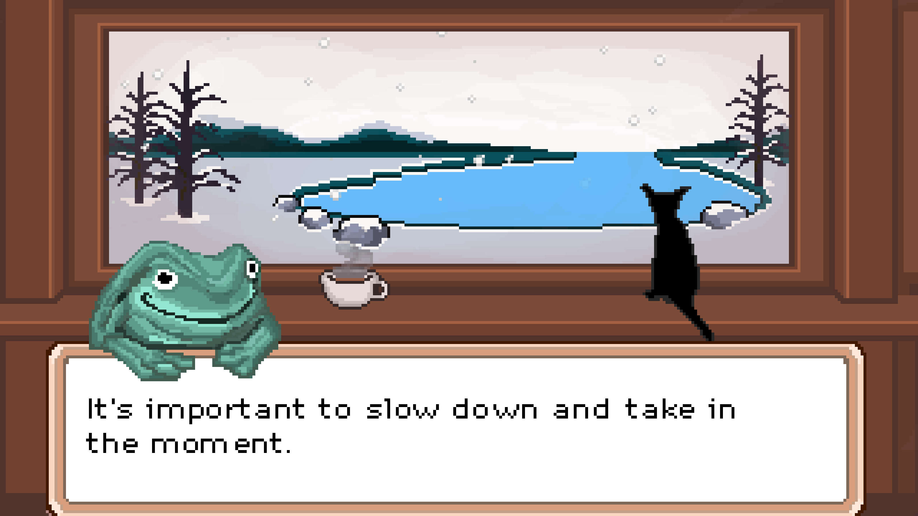 Pixel frog animation with the words it's important to slow down and take in the moment