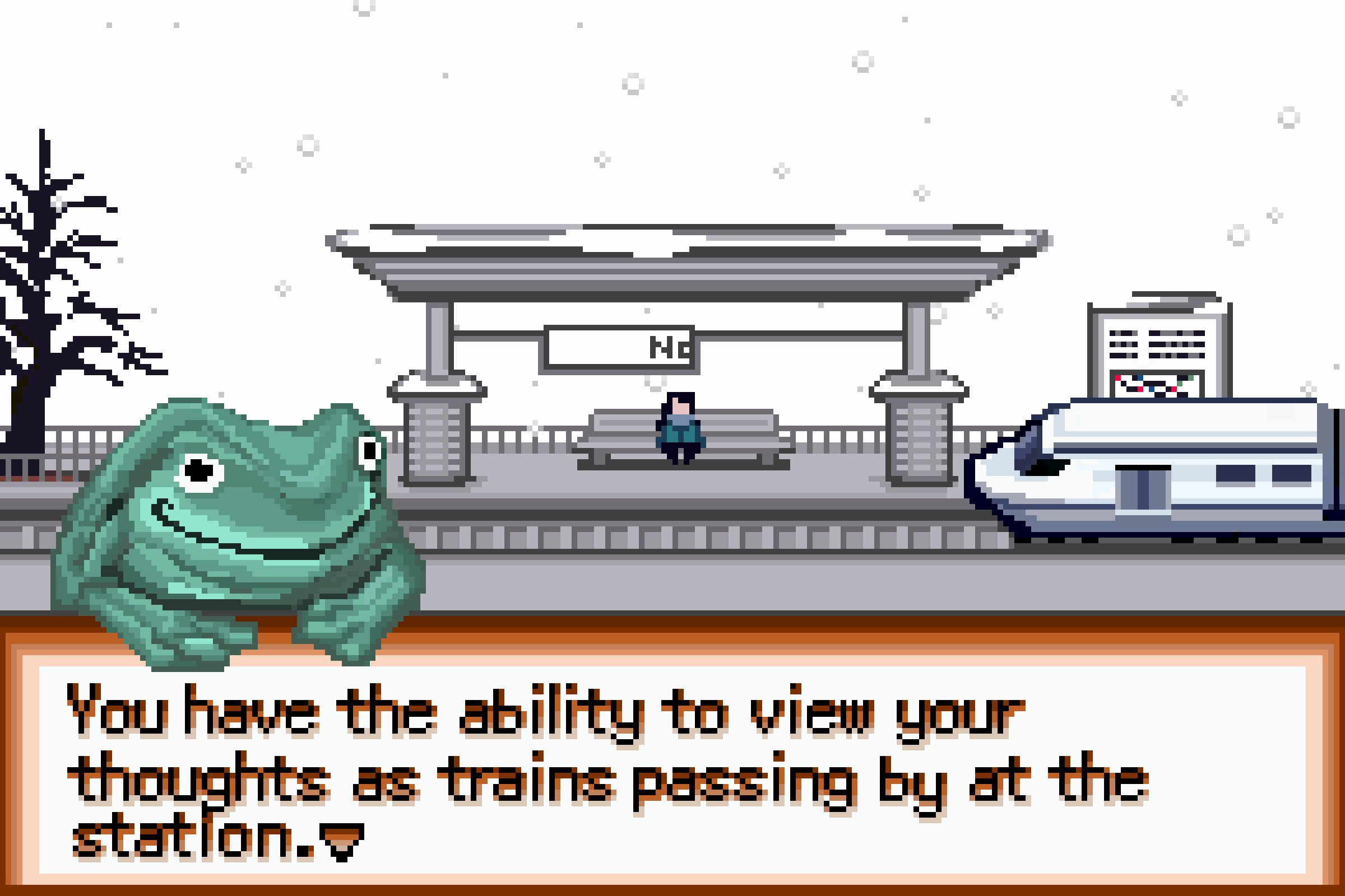 Pixel frog animation with the words you have the ability to view your thoughts as trains passing by at the station