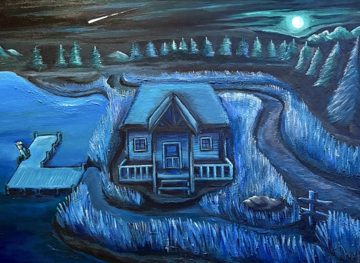 Blue moonlit cabin painting