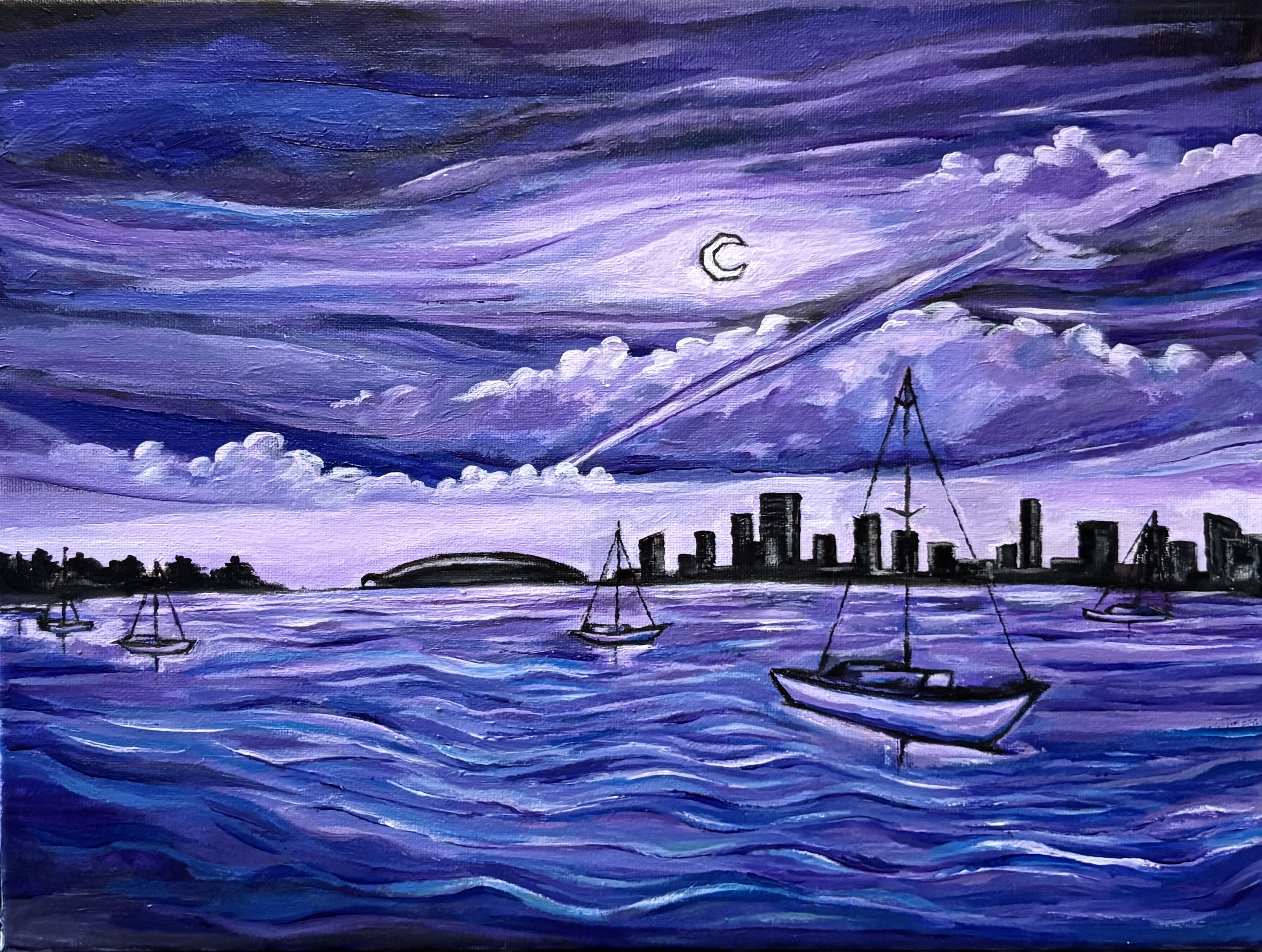 Purple harbor night painting